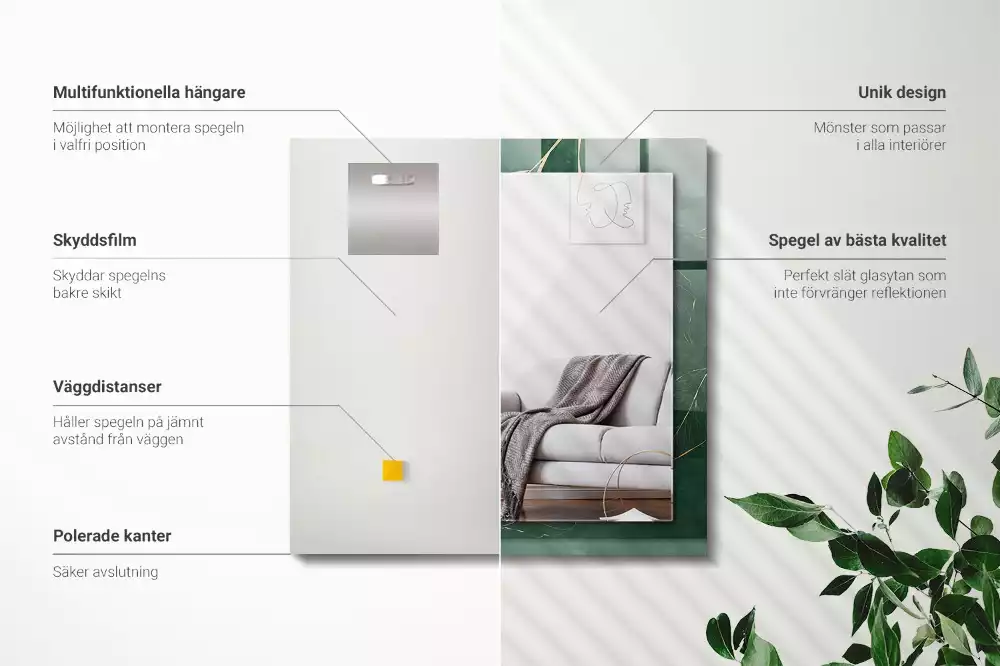 Lustro dekoracyjne prostokątne z nadrukiem zielonych liści i złotymi akcentami