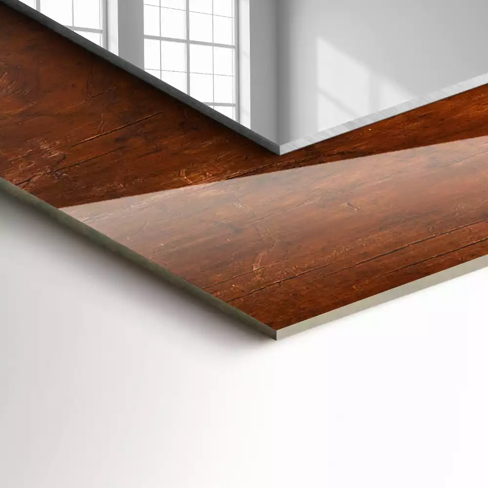 Lustro dekoracyjne z nadrukiem przedstawiającym stary drewniany stół