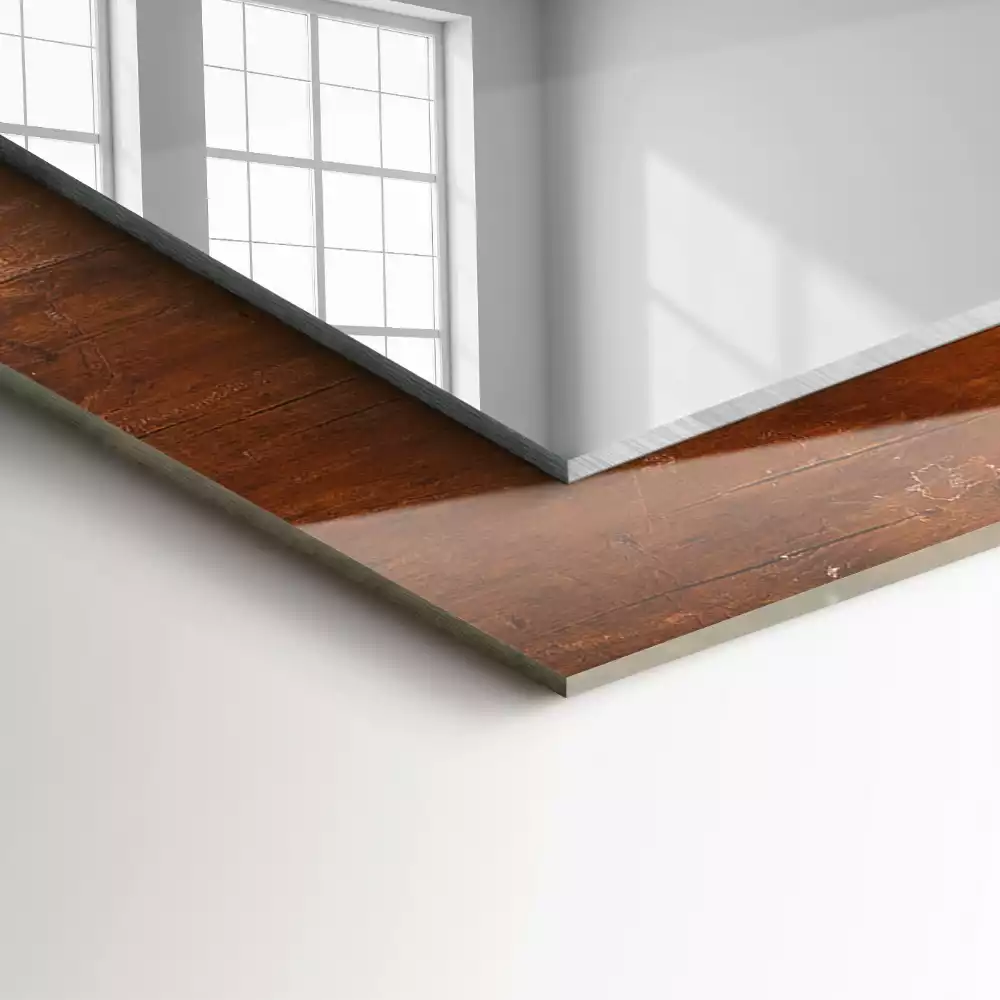 Lustro dekoracyjne z nadrukiem przedstawiającym stary drewniany stół