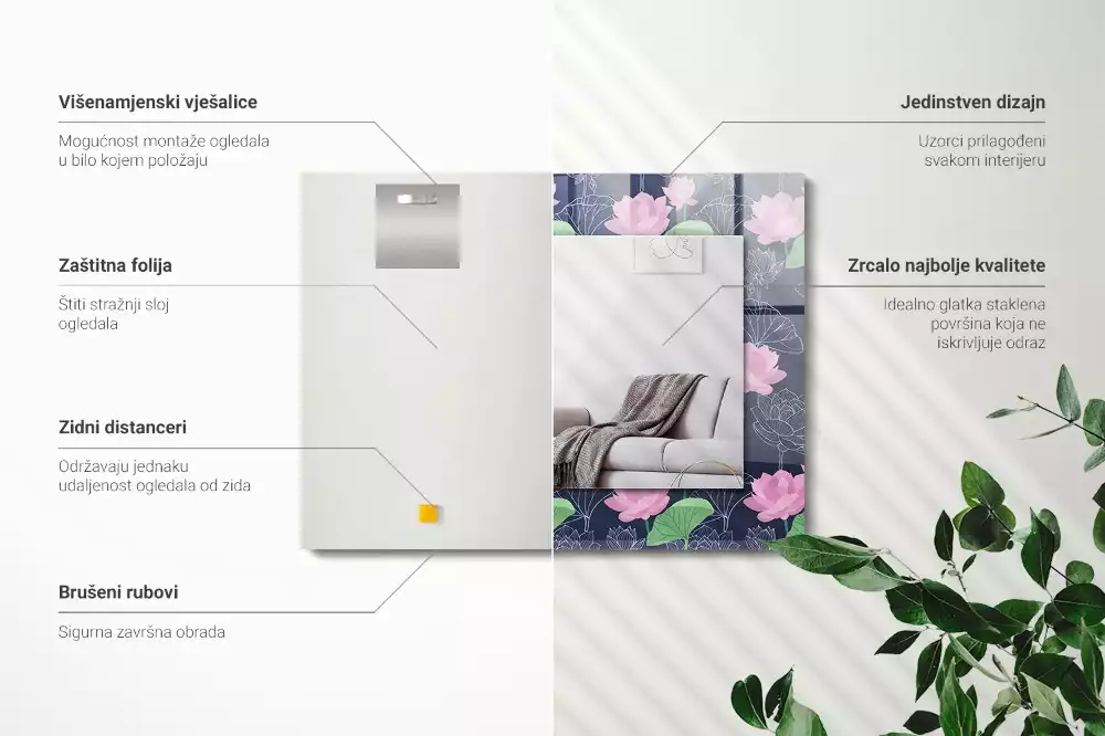 Lustro dekoracyjne z nadrukiem przedstawiającym różowe kwiaty lotosu