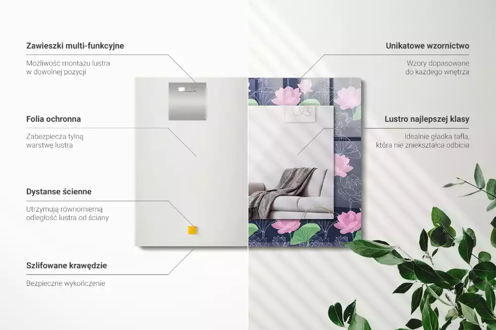 Lustro dekoracyjne z nadrukiem przedstawiającym różowe kwiaty lotosu