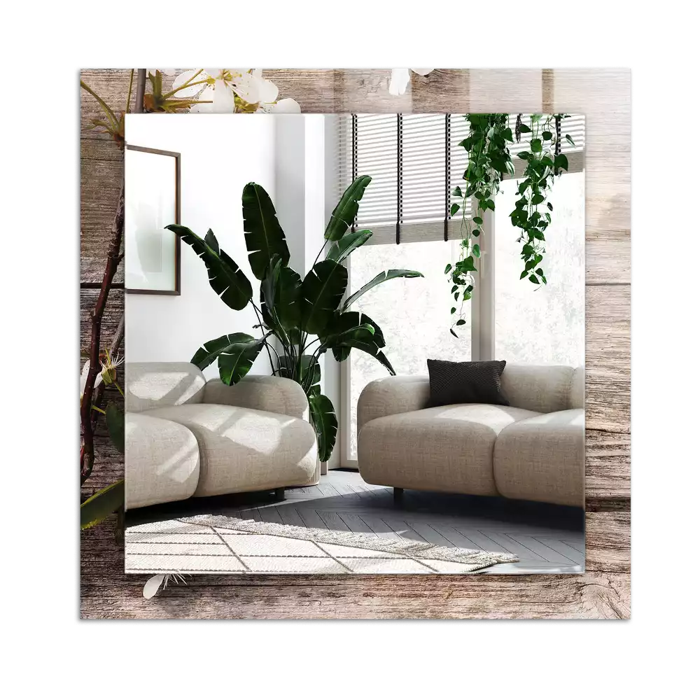 Lustro dekoracyjne prostokątne z motywem kwiatów na tle drewna