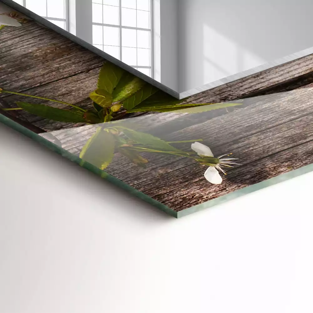 Lustro dekoracyjne prostokątne z motywem kwiatów na tle drewna