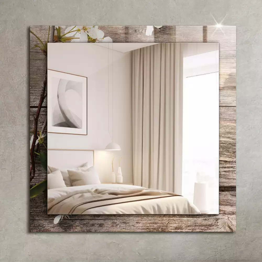 Lustro dekoracyjne prostokątne z motywem kwiatów na tle drewna