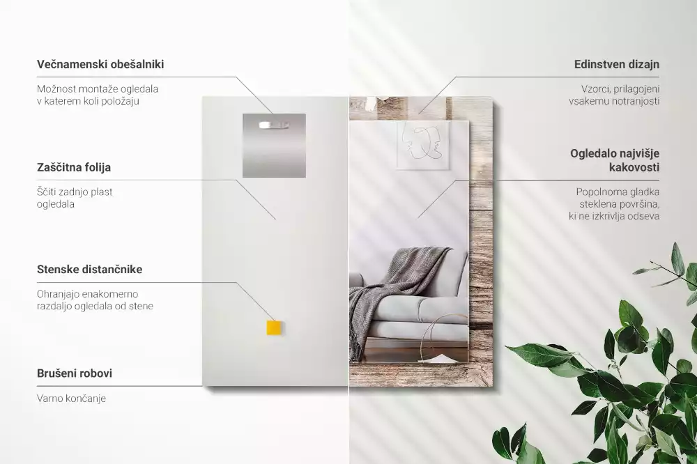 Lustro dekoracyjne prostokątne z motywem kwiatów na tle drewna