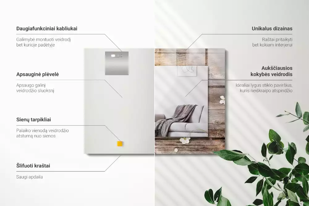 Lustro dekoracyjne prostokątne z motywem kwiatów na tle drewna