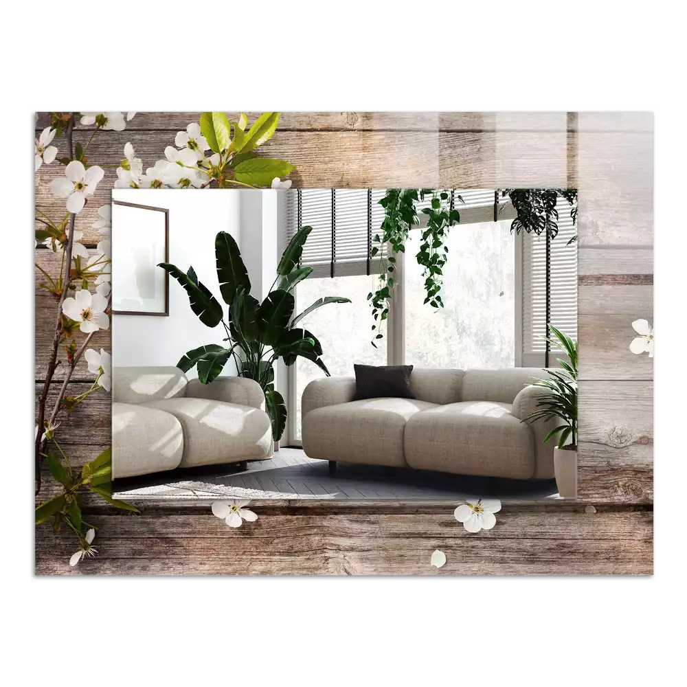 Lustro dekoracyjne prostokątne z motywem kwiatów na tle drewna