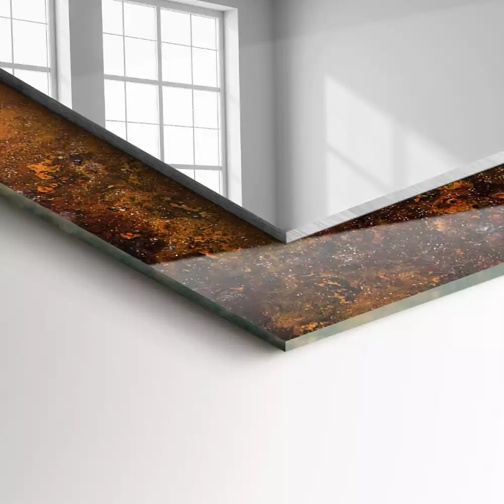 Lustro prostokątne z nadrukiem przedstawiającym zardzewiałą powierzchnię metalową