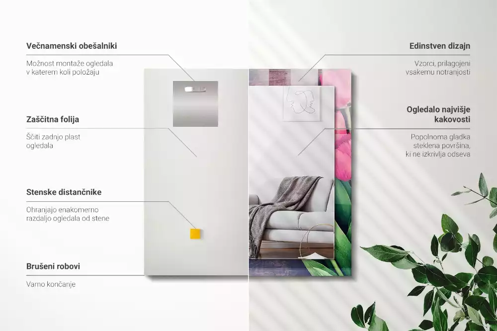 Lustro prostokątne z nadrukiem różowych tulipanów w drewnianej ramie