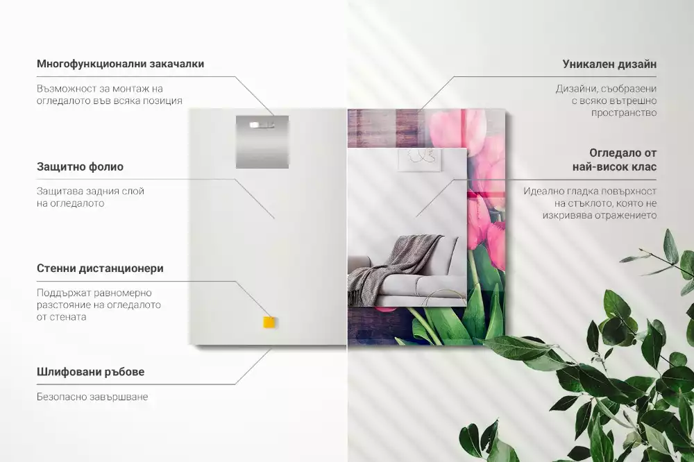 Lustro prostokątne z nadrukiem różowych tulipanów w drewnianej ramie