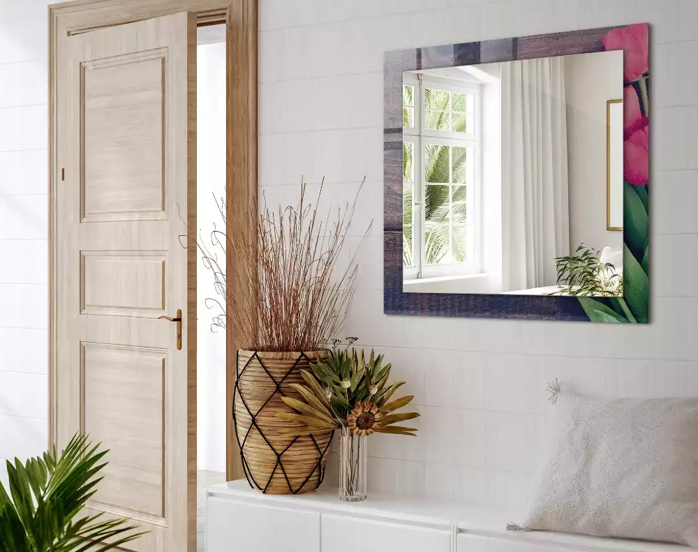 Lustro prostokątne z nadrukiem różowych tulipanów w drewnianej ramie