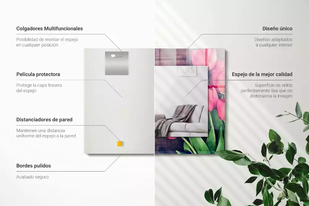 Lustro prostokątne z nadrukiem różowych tulipanów w drewnianej ramie