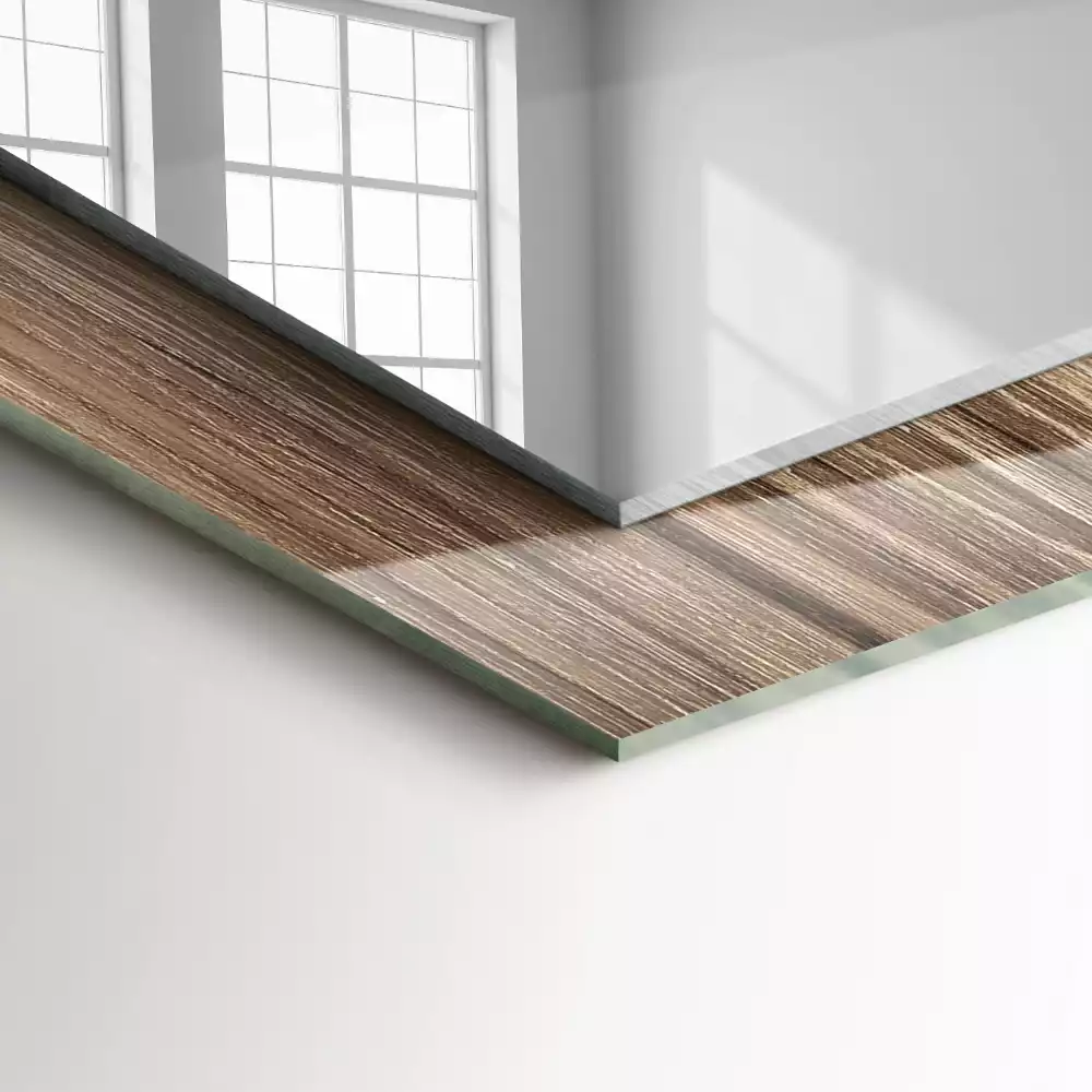 Lustro dekoracyjne z nadrukiem przedstawiającym drewnianą podłogę w formie desek