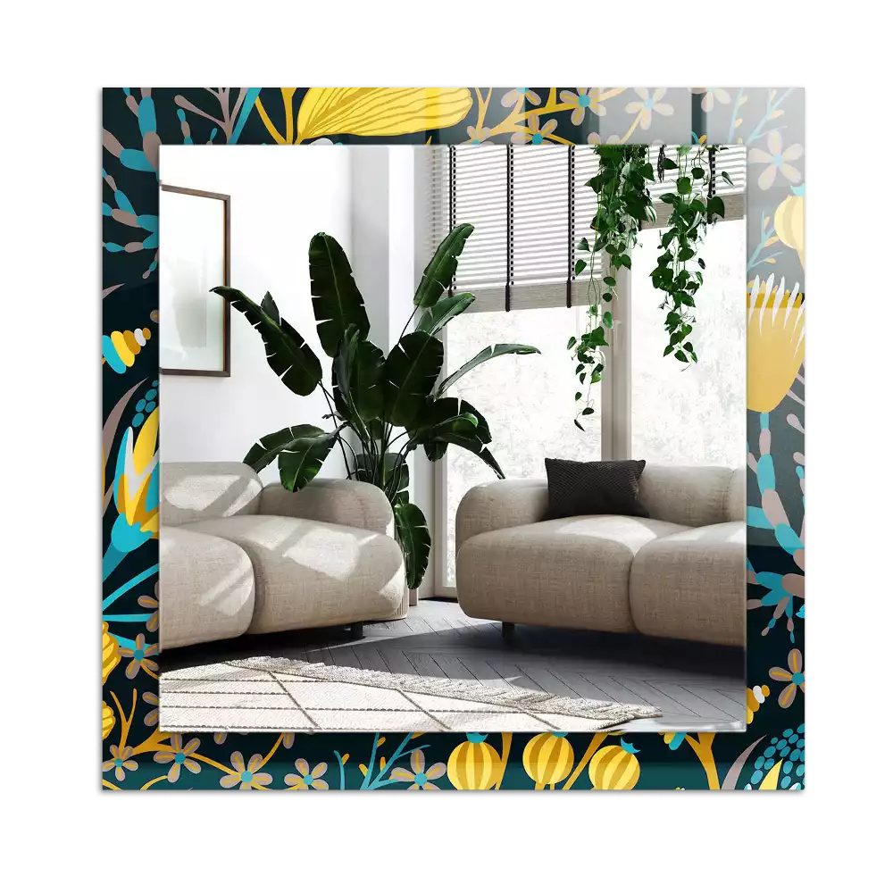 Lustro dekoracyjne z nadrukiem przedstawiającym kwiaty i liście w prostokątnym kształcie