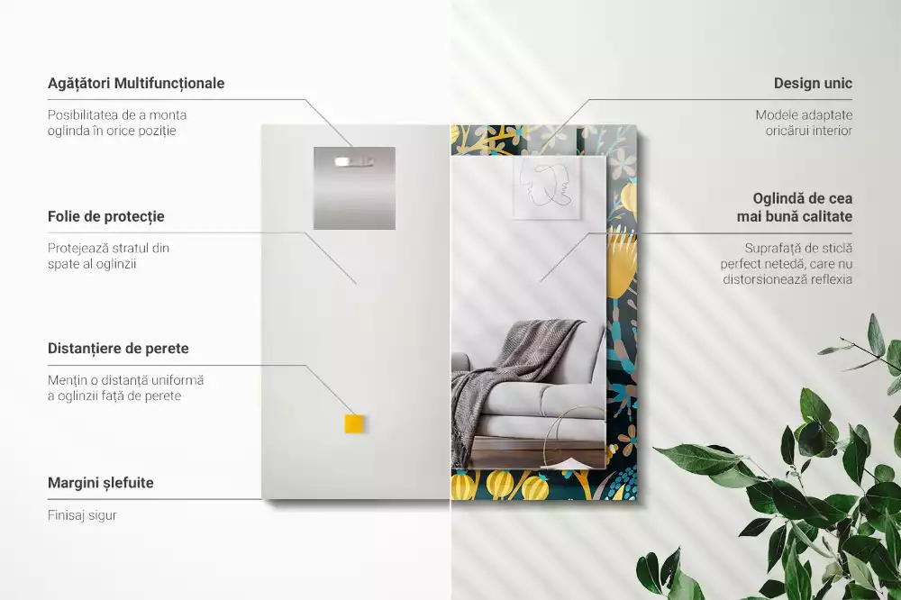 Lustro dekoracyjne z nadrukiem przedstawiającym kwiaty i liście w prostokątnym kształcie