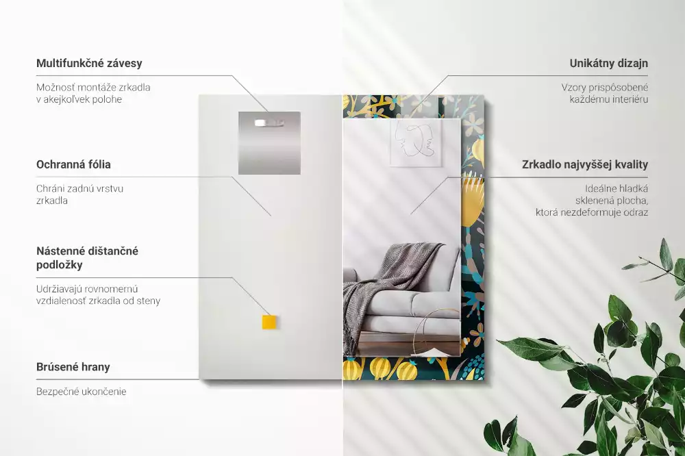 Lustro dekoracyjne z nadrukiem przedstawiającym kwiaty i liście w prostokątnym kształcie