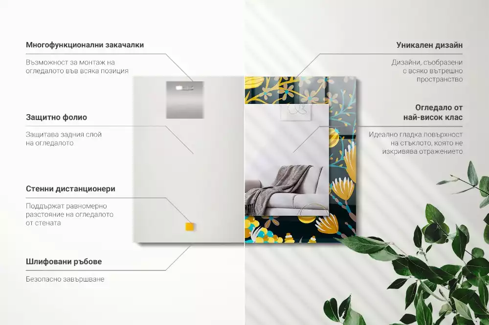 Lustro dekoracyjne z nadrukiem przedstawiającym kwiaty i liście w prostokątnym kształcie