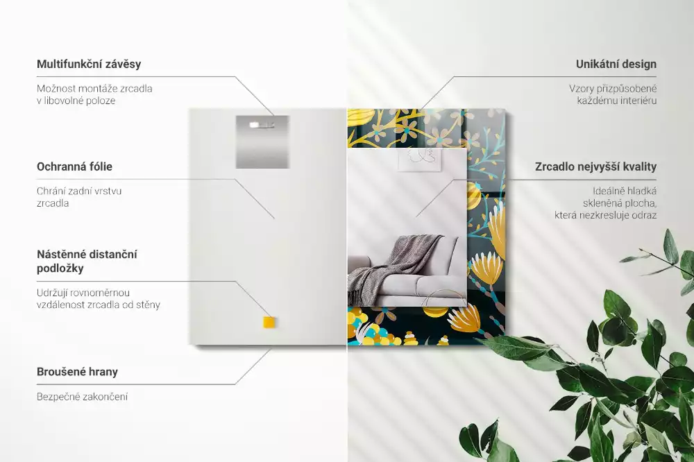 Lustro dekoracyjne z nadrukiem przedstawiającym kwiaty i liście w prostokątnym kształcie