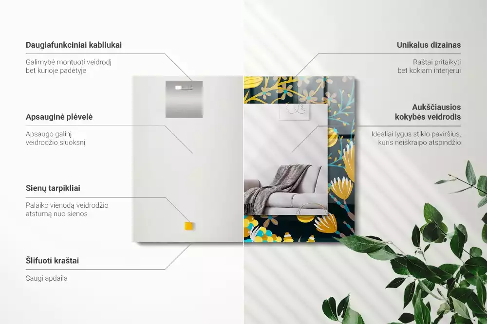 Lustro dekoracyjne z nadrukiem przedstawiającym kwiaty i liście w prostokątnym kształcie