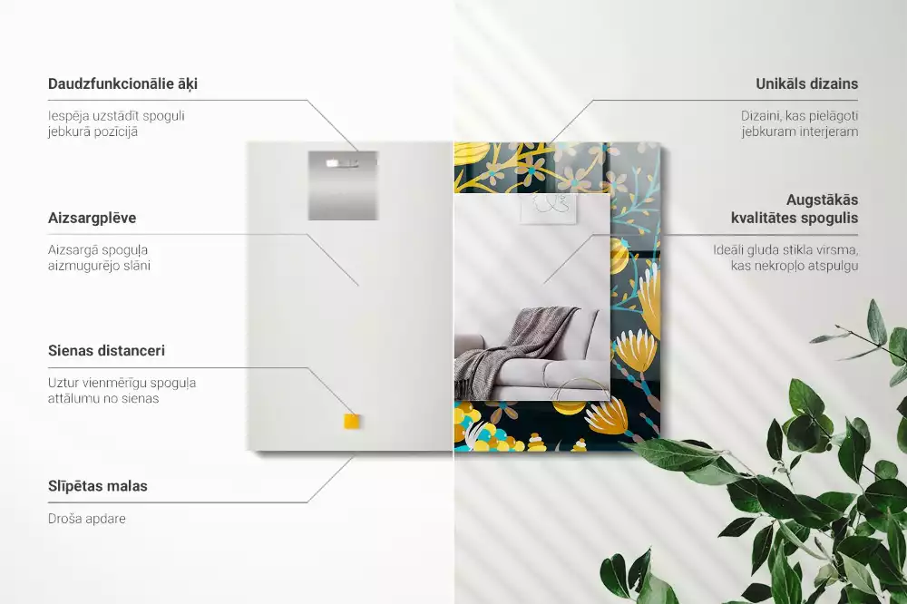 Lustro dekoracyjne z nadrukiem przedstawiającym kwiaty i liście w prostokątnym kształcie