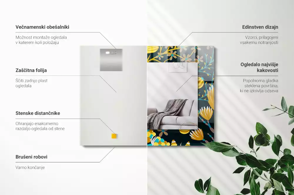 Lustro dekoracyjne z nadrukiem przedstawiającym kwiaty i liście w prostokątnym kształcie