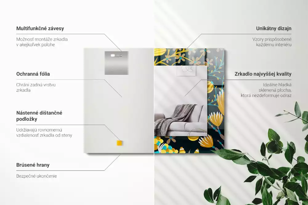 Lustro dekoracyjne z nadrukiem przedstawiającym kwiaty i liście w prostokątnym kształcie