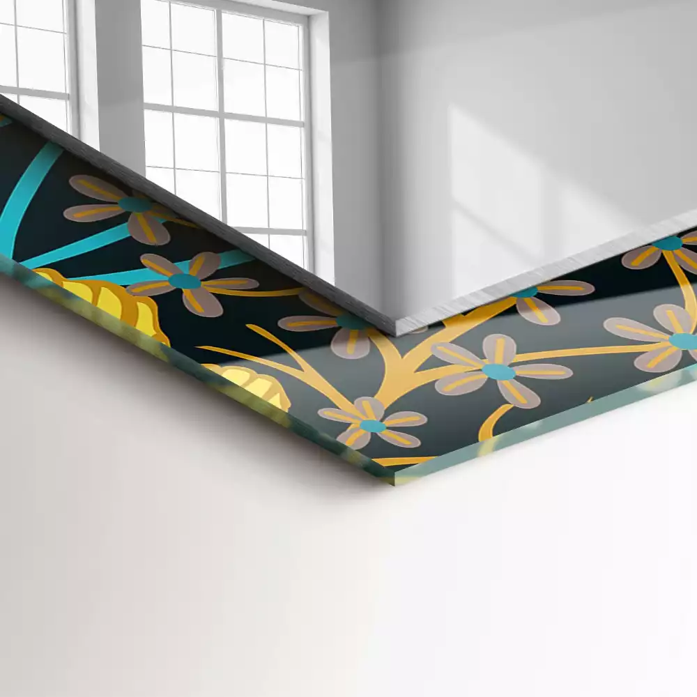 Lustro dekoracyjne z nadrukiem przedstawiającym kwiaty i liście w prostokątnym kształcie