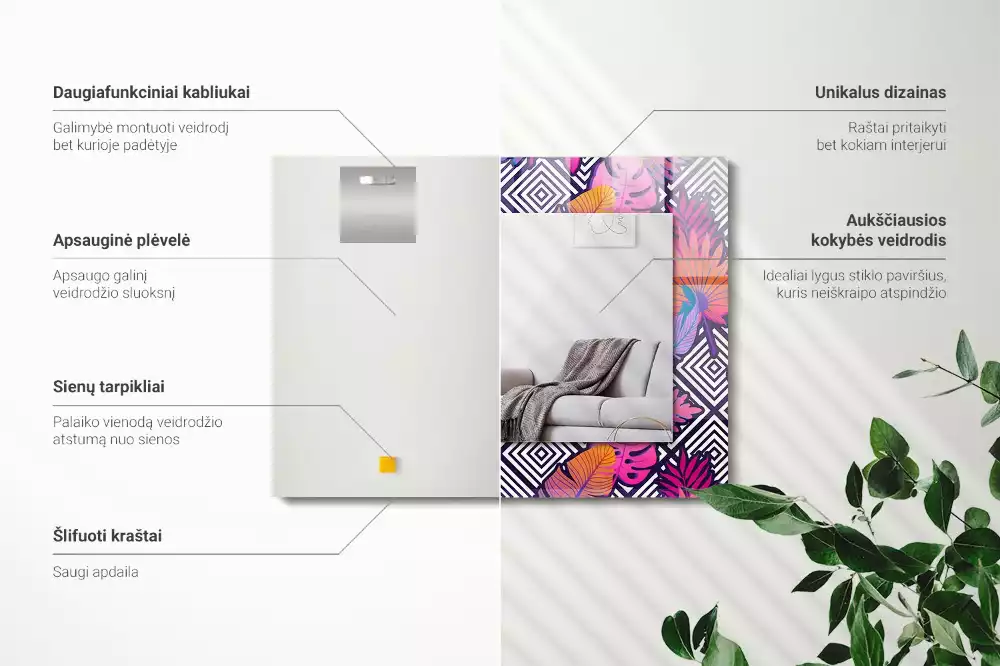 Lustro z nadrukiem w motywie kolorowych liści tropikalnych