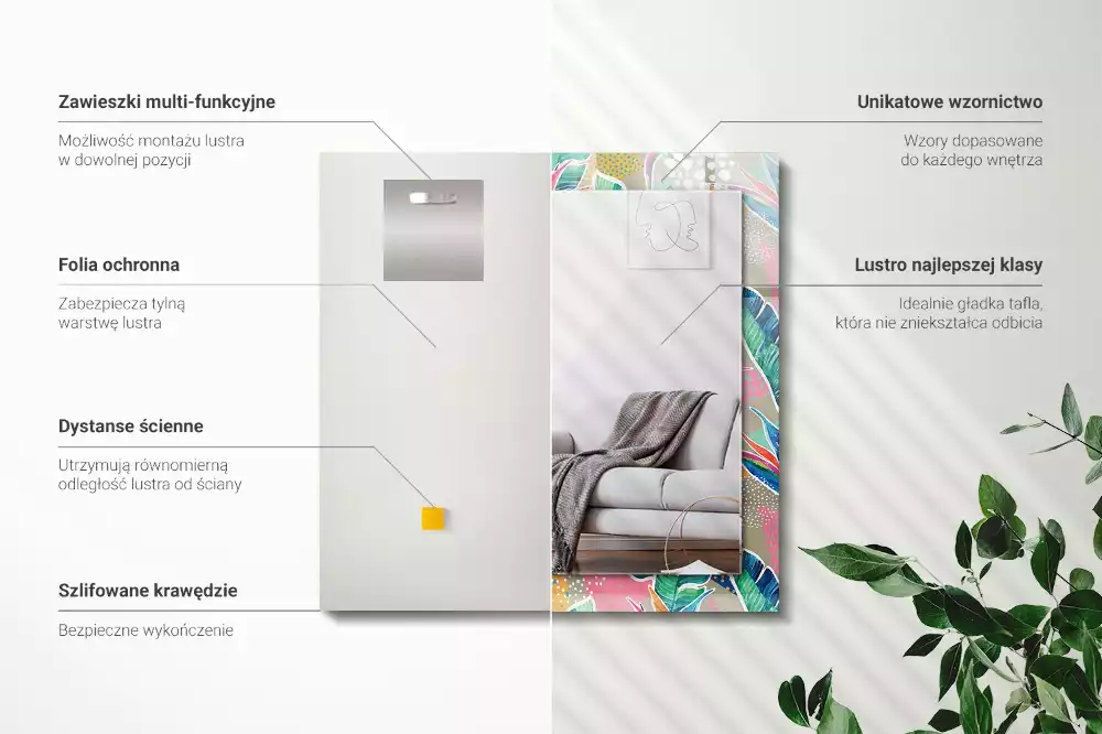 Lustro dekoracyjne prostokątne z motywem kwiatów i liści