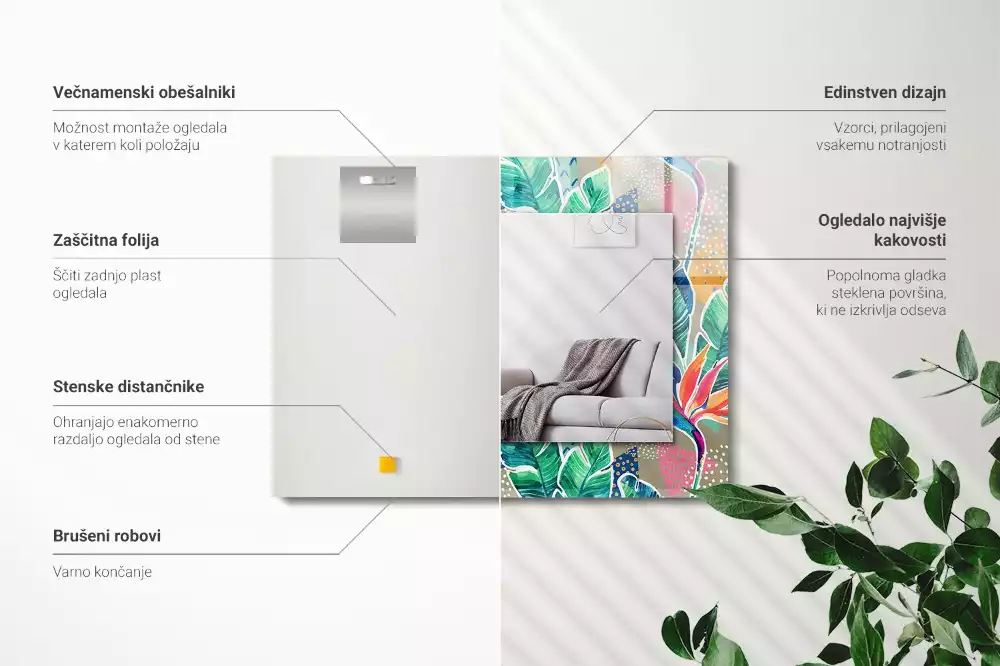 Lustro dekoracyjne prostokątne z motywem kwiatów i liści