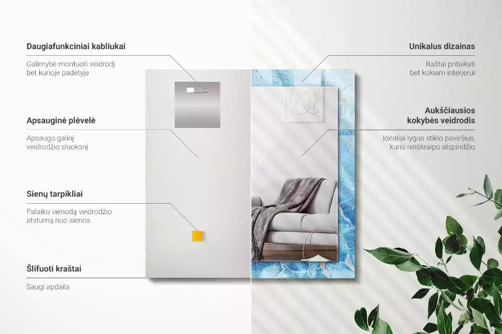 Lustro prostokątne z nadrukiem w niebieski marmurowy wzór