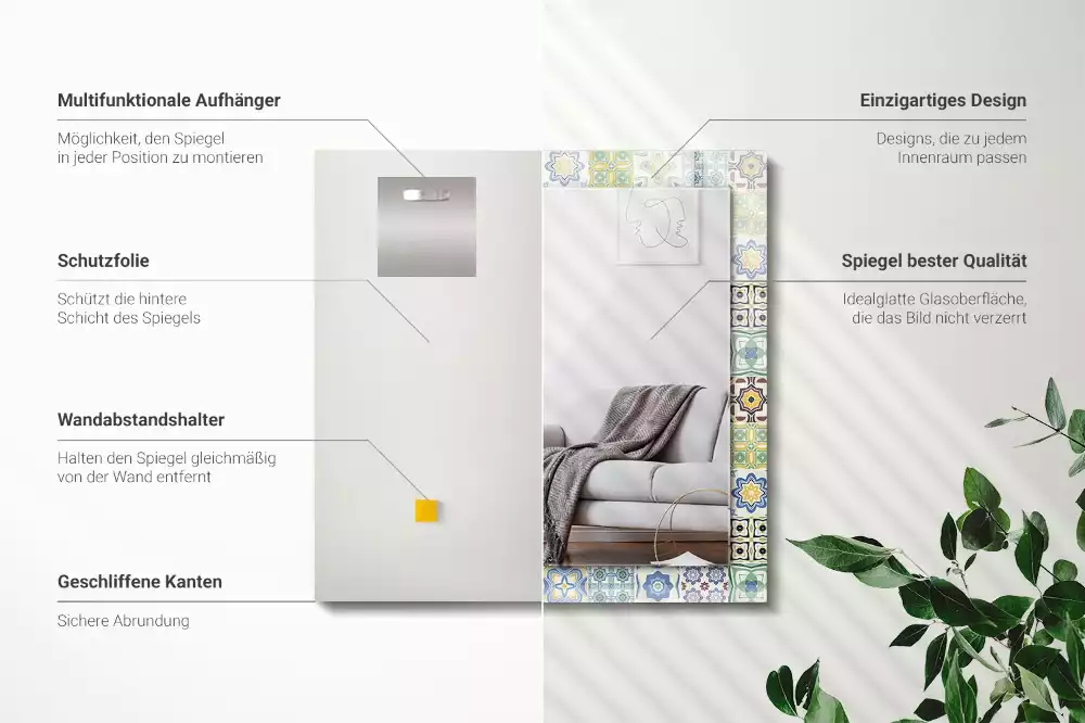 Lustro dekoracyjne z nadrukiem w kolorowe wzory kafelkowe, prostokątne