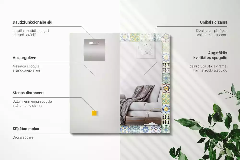 Lustro dekoracyjne z nadrukiem w kolorowe wzory kafelkowe, prostokątne