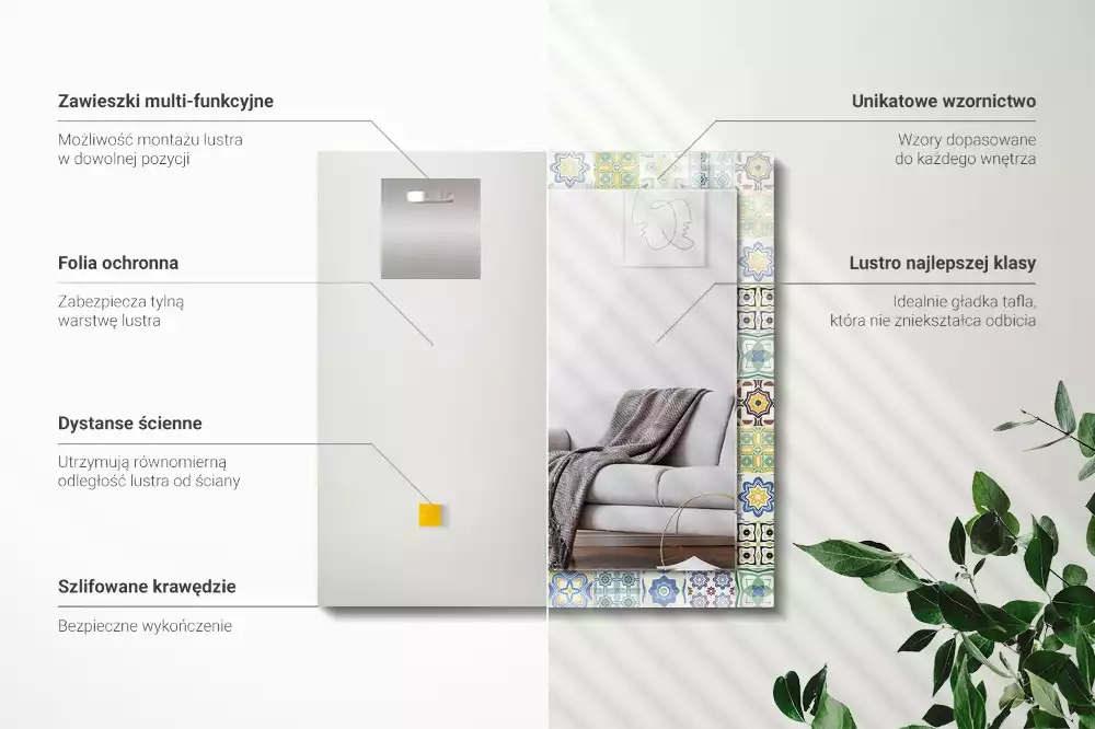 Lustro dekoracyjne z nadrukiem w kolorowe wzory kafelkowe, prostokątne