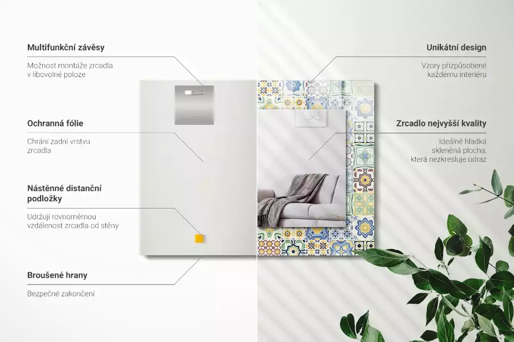 Lustro dekoracyjne z nadrukiem w kolorowe wzory kafelkowe, prostokątne