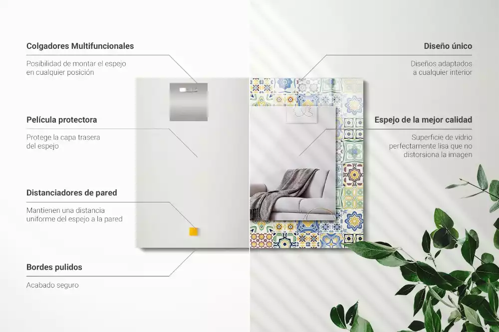 Lustro dekoracyjne z nadrukiem w kolorowe wzory kafelkowe, prostokątne