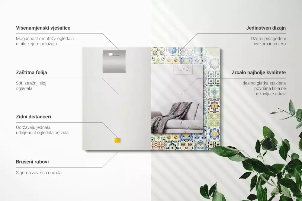 Lustro dekoracyjne z nadrukiem w kolorowe wzory kafelkowe, prostokątne