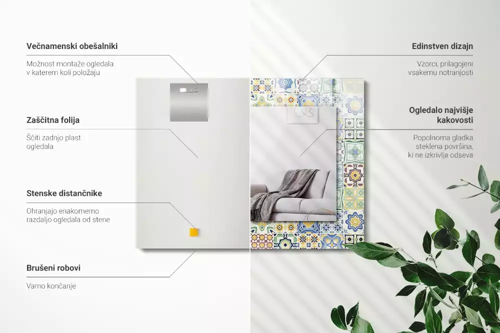 Lustro dekoracyjne z nadrukiem w kolorowe wzory kafelkowe, prostokątne