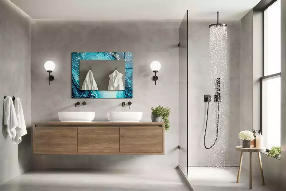 Lustro prostokątne z nadrukiem przedstawiającym abstrakcyjną niebieską kompozycję