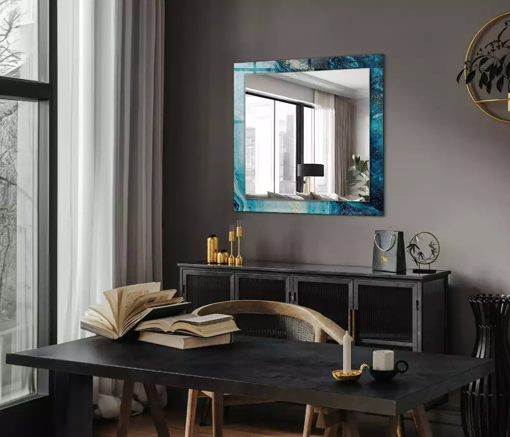 Lustro prostokątne z nadrukiem przedstawiającym abstrakcyjną niebieską kompozycję