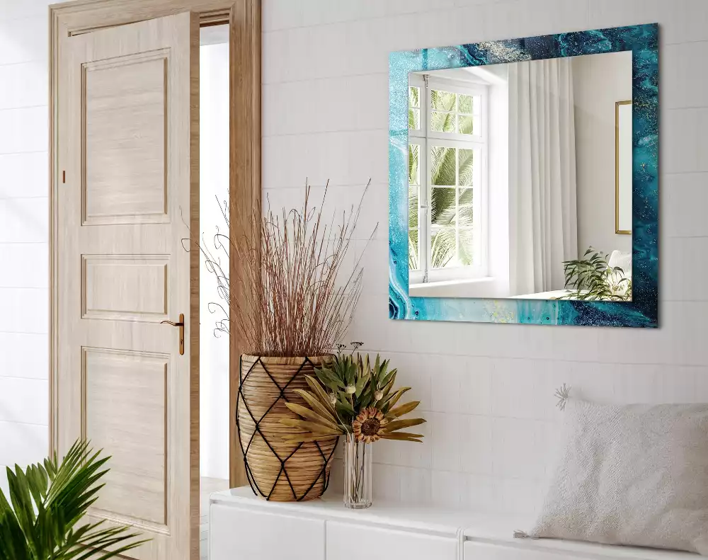 Lustro prostokątne z nadrukiem przedstawiającym abstrakcyjną niebieską kompozycję