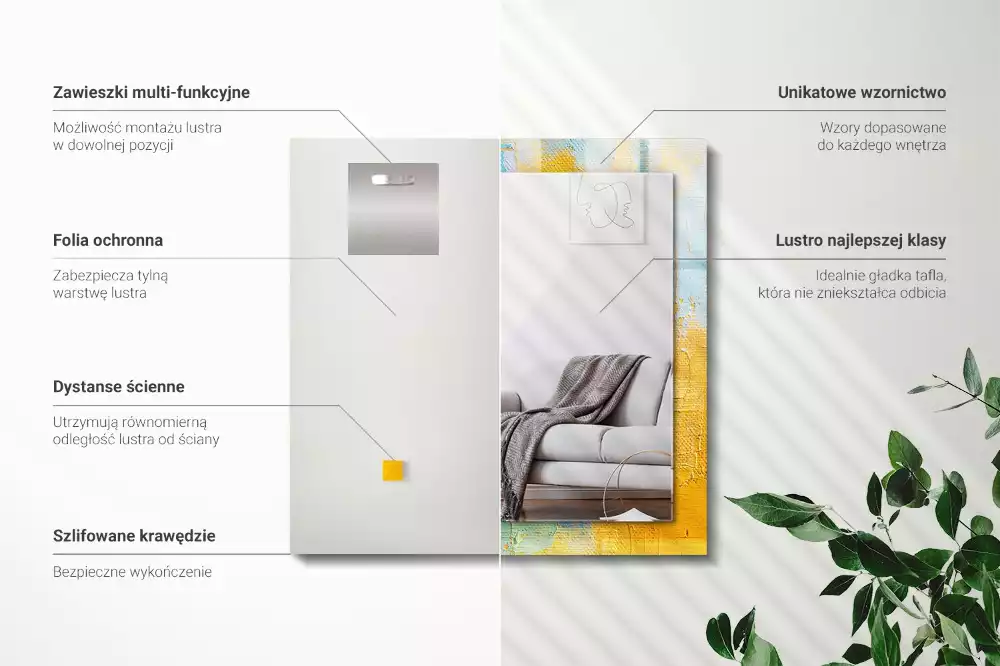 Lustro dekoracyjne z nadrukiem przedstawiającym abstrakcyjny obraz olejny