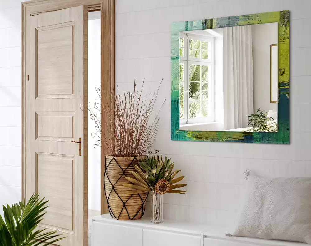Lustro dekoracyjne z nadrukiem przedstawiającym abstrakcyjną kompozycję kolorów