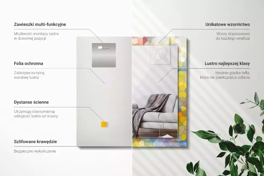 Lustro prostokątne z nadrukiem w motyw kolorowej, abstrakcyjnej mozaiki