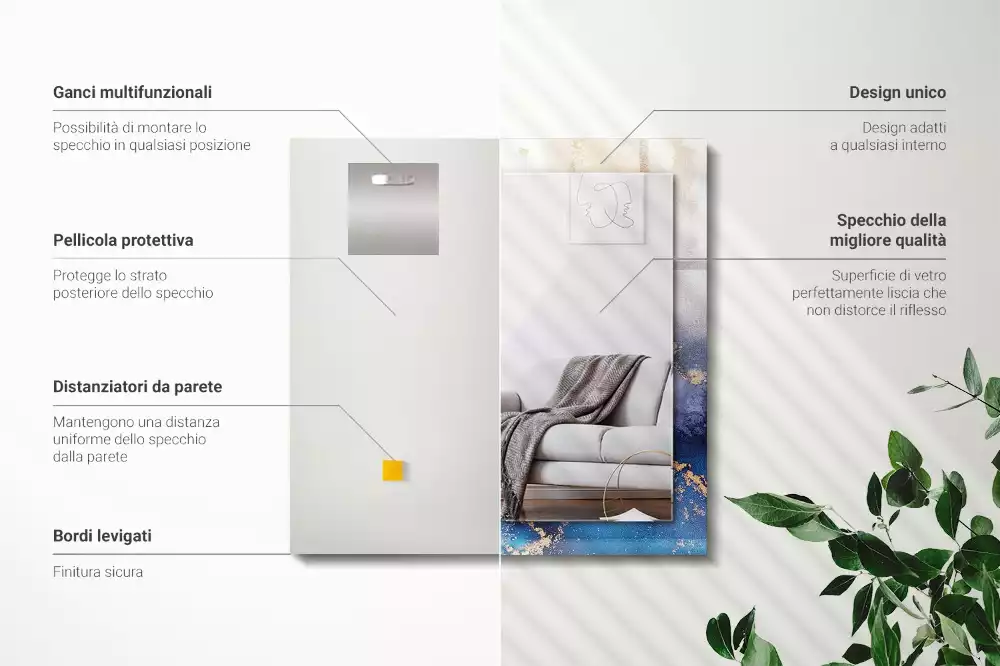 Lustro dekoracyjne z nadrukiem przedstawiającym abstrakcyjną sztukę plastyczną, w kształcie prostokąta