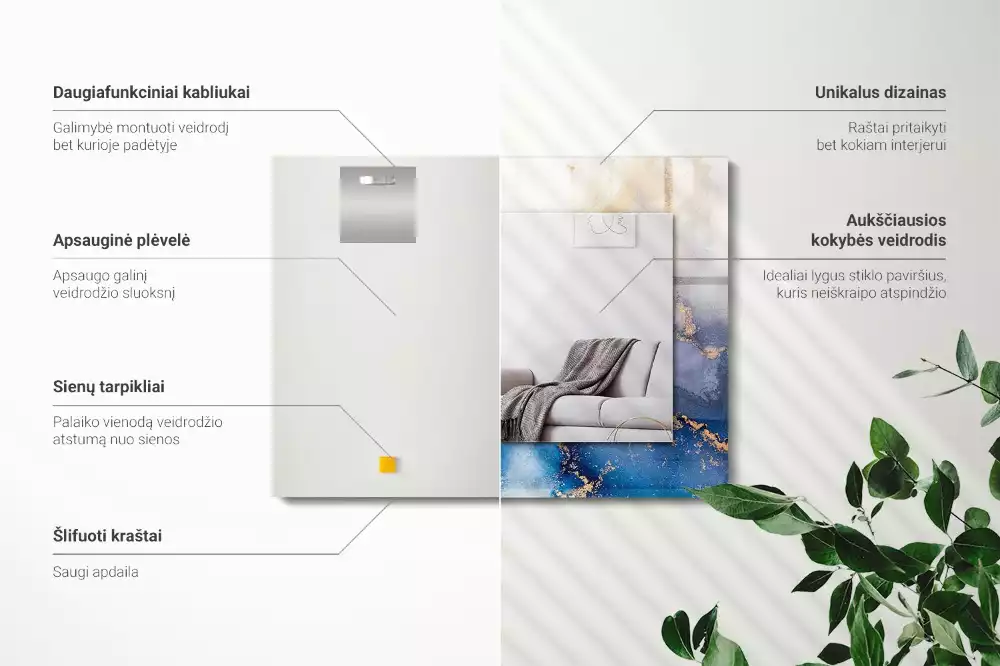 Lustro dekoracyjne z nadrukiem przedstawiającym abstrakcyjną sztukę plastyczną, w kształcie prostokąta