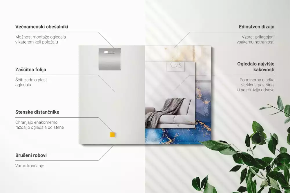 Lustro dekoracyjne z nadrukiem przedstawiającym abstrakcyjną sztukę plastyczną, w kształcie prostokąta