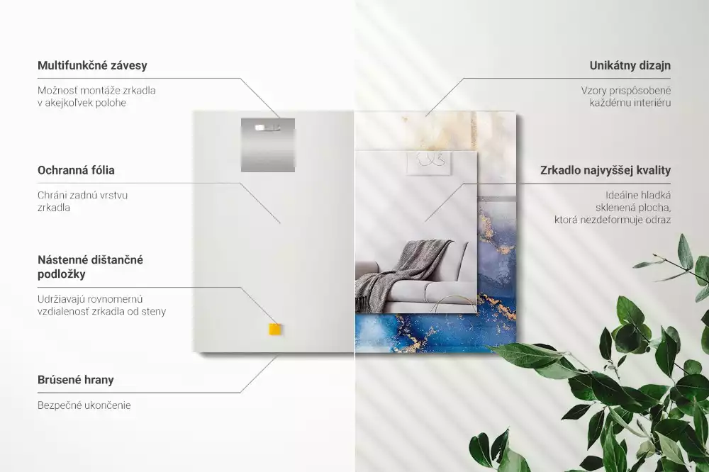 Lustro dekoracyjne z nadrukiem przedstawiającym abstrakcyjną sztukę plastyczną, w kształcie prostokąta