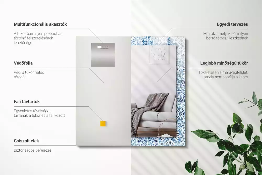 Lustro prostokątne z nadrukiem w motyw niebieskich dekoracyjnych kafelków