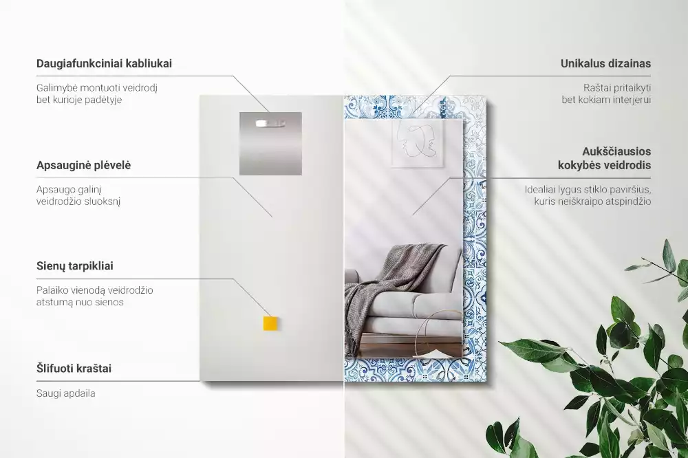 Lustro prostokątne z nadrukiem w motyw niebieskich dekoracyjnych kafelków